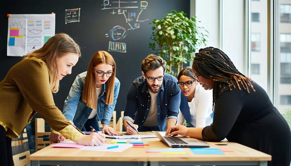 A diverse team collaborating over UX research and psychometric testing